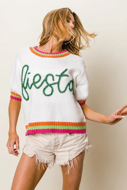 BiBi FIESTA Metallic Letter Short Puff Sleeve Sweater