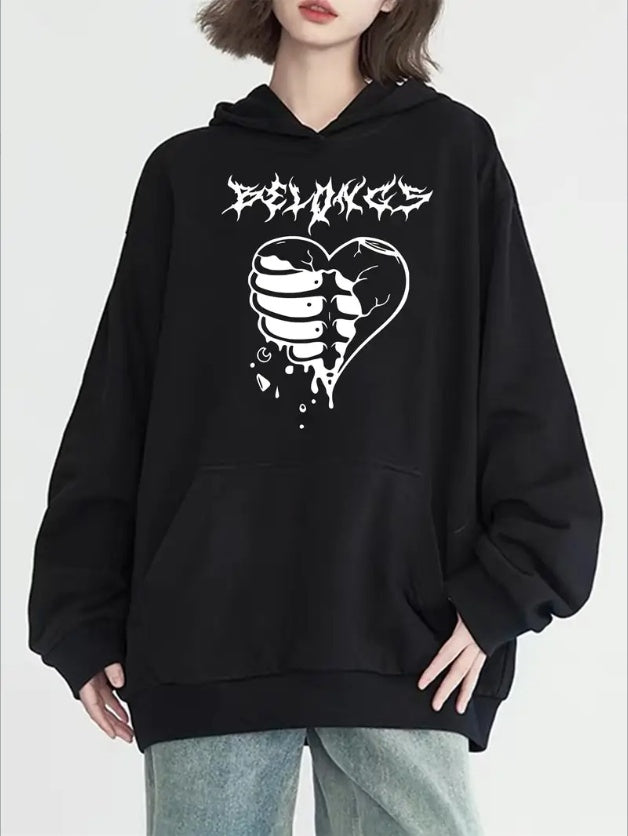 Women's Casual Hoodie With Heart Print & Kangaroo Pocket - Long Sleeve, Machine Washable