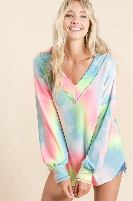 BiBi Tie Dye French Terry V-Neck Top with Puff Sleeves