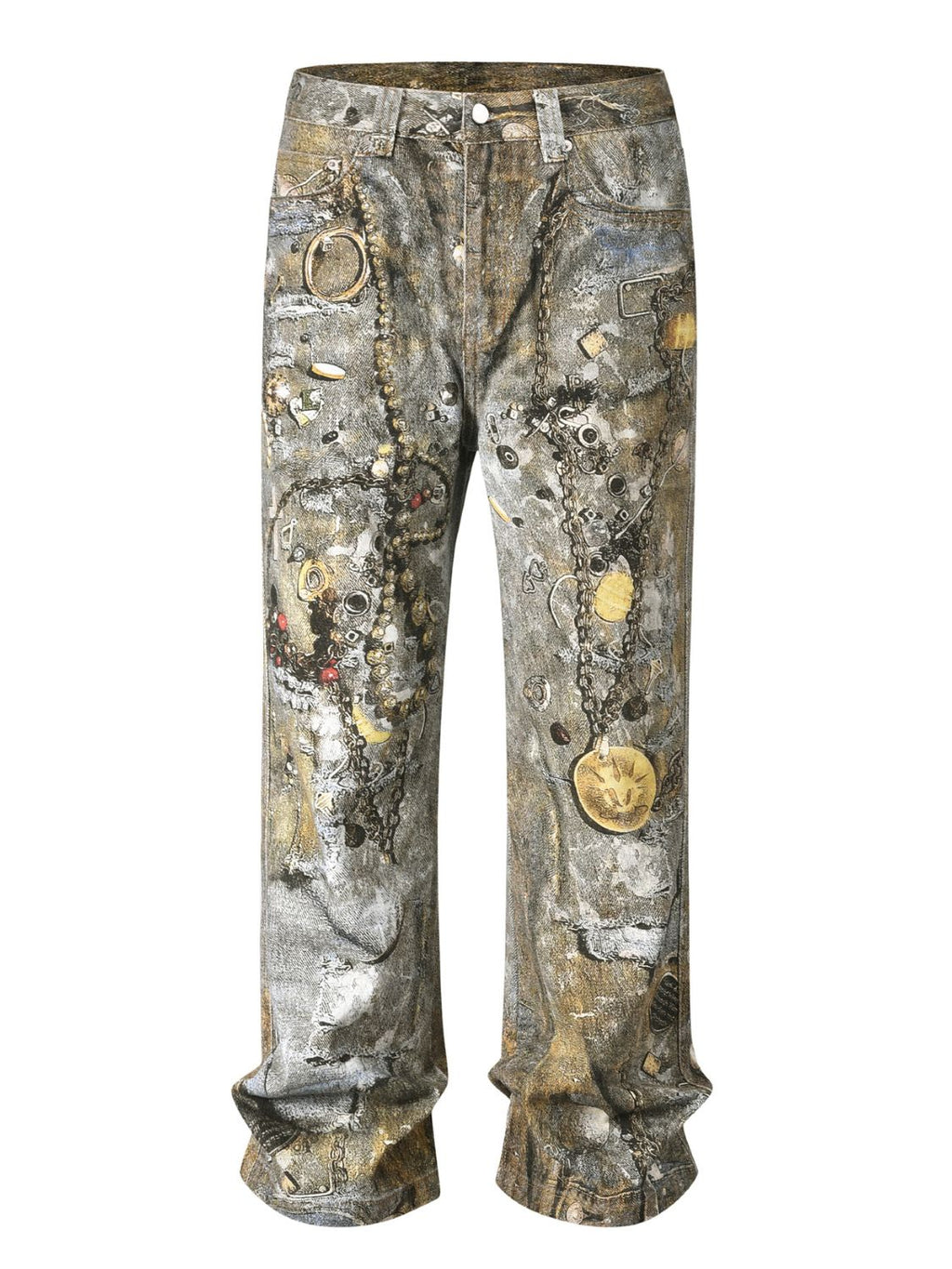 Men's Wide Straight Printed Jeans with Pockets