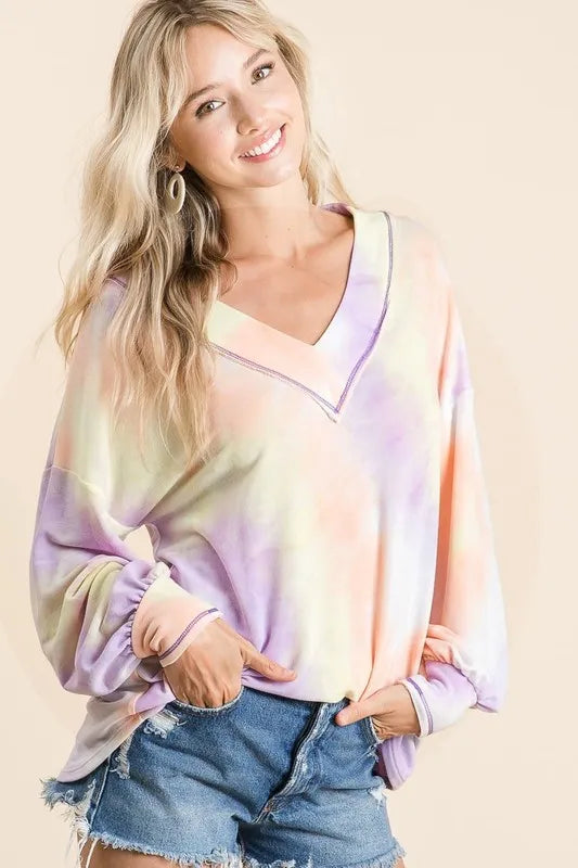 BiBi Tie Dye French Terry V-Neck Top with Puff Sleeves