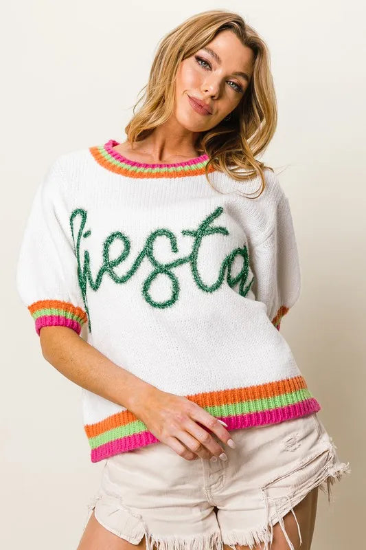 BiBi FIESTA Metallic Letter Short Puff Sleeve Sweater