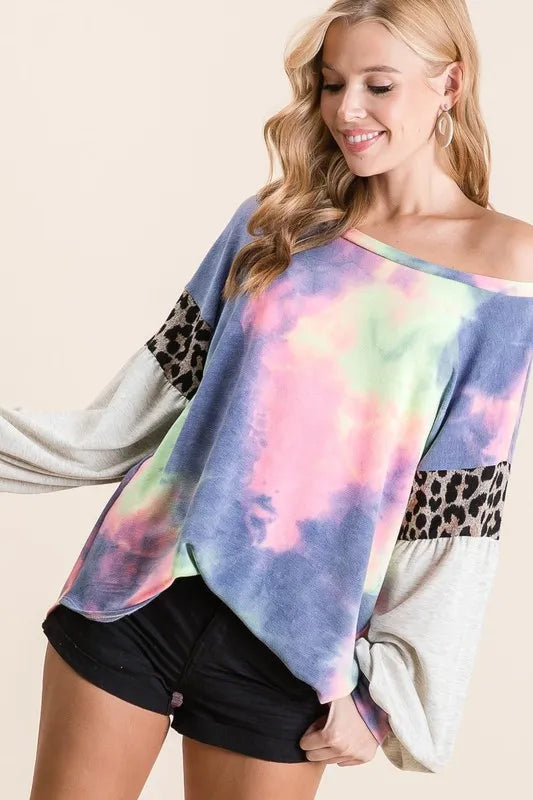 BiBi Tie Dye Terry Top with Contrast Puff Sleeves