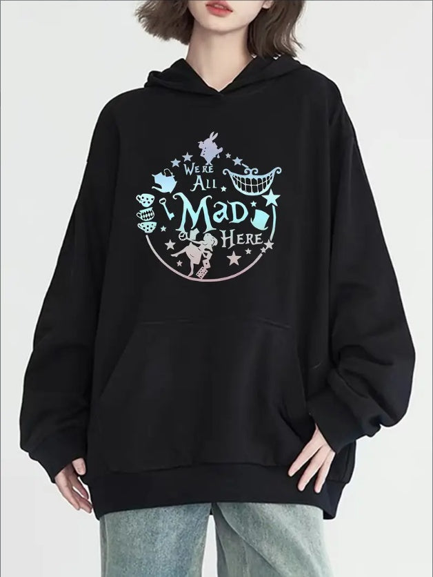 Chic 'A Little Mad Here' Letter Print Hoodie For Women - Casual Long Sleeve With Pockets, Cozy Knit Pullover For Fall & Winter