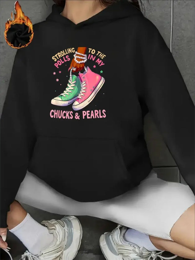 Women's Casual Hoodie With Canvas Shoe & Pearls Graphic, Hooded Long Sleeve Pullover With Kangaroo Pocket,  All Seasons