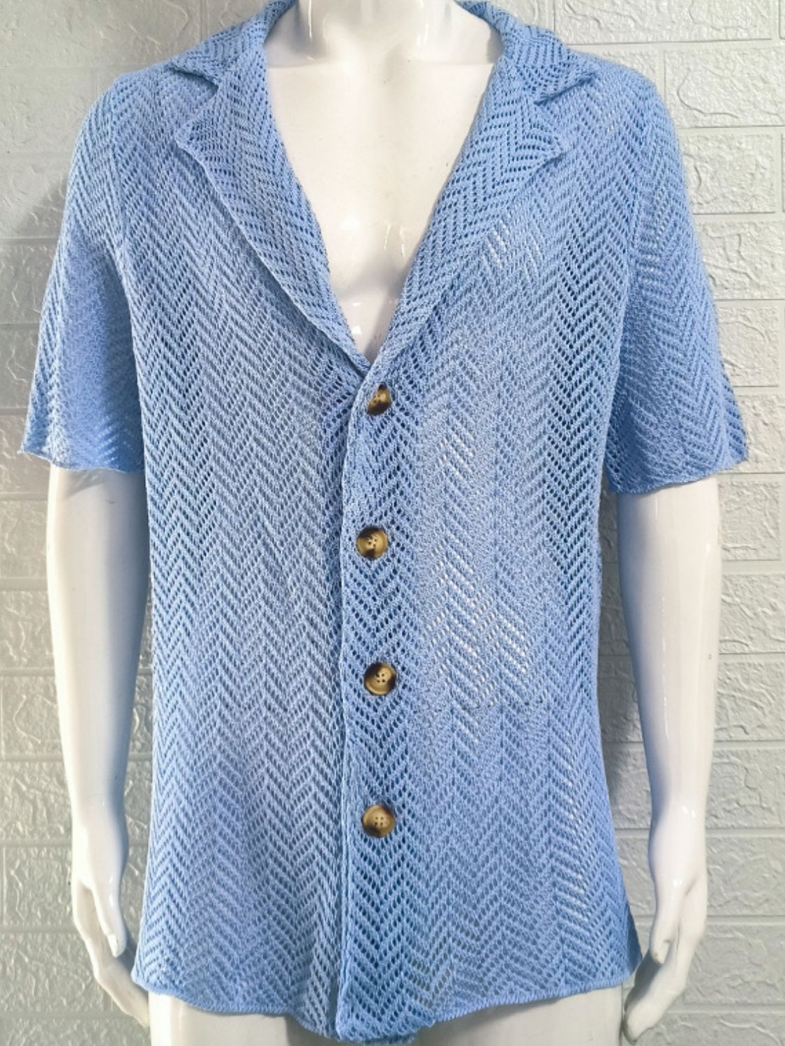 Men's Plus Size Herringbone Eyelet Button Down Knit Shirt
