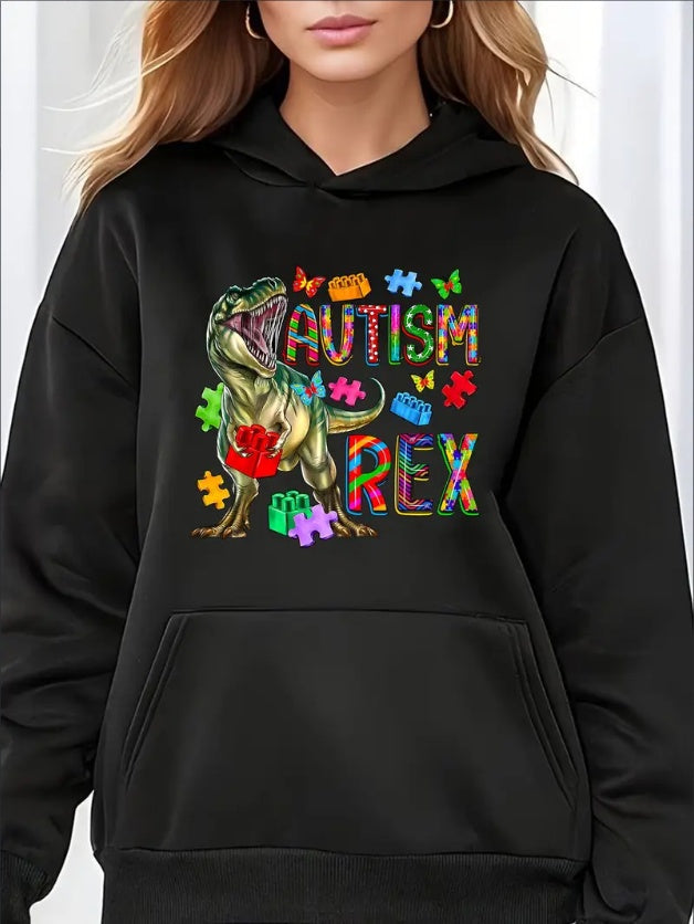 Women's Christmas Dinosaur Print Kangaroo Pocket Hoodie, Comfortable Casual Sports Long Sleeve Pullover Sweatshirt, Fashionable Ladies' Fashion,  All Seasons, Hooded, Stretchy Fabric