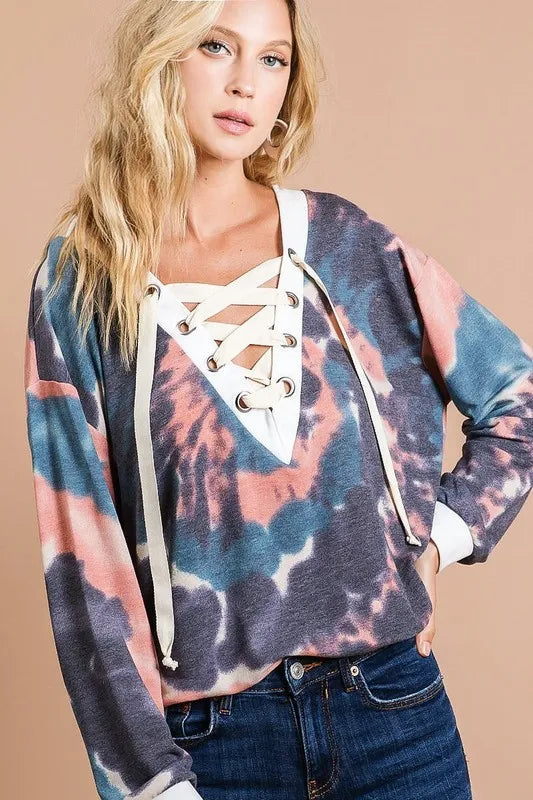 BiBi Tie Dye Deep V-Neck Top with Lace Up Front