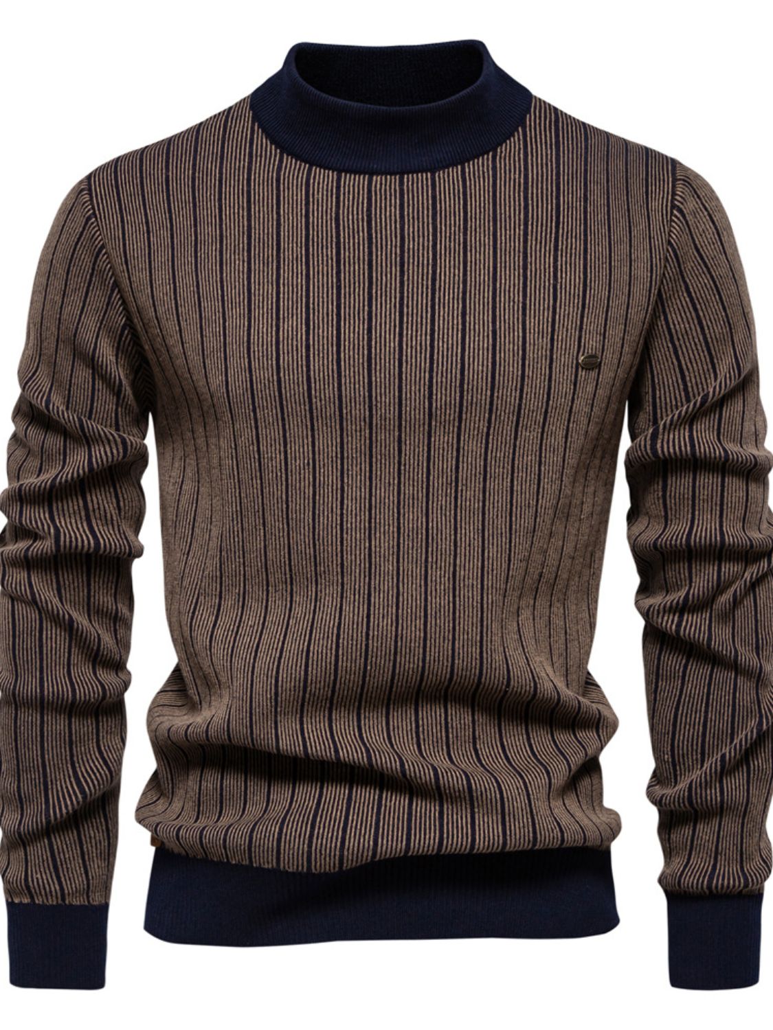 Men's Mock Neck Contrast Striped Sweater