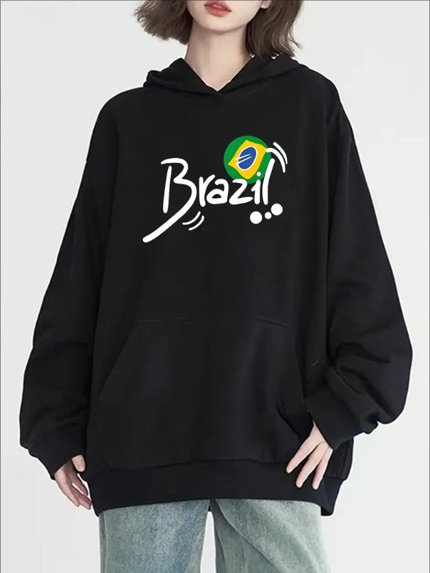 Brazilian Flag Graphic Hoodie With Kangaroo Pockets - Women's Casual Long Sleeve Sweatshirt