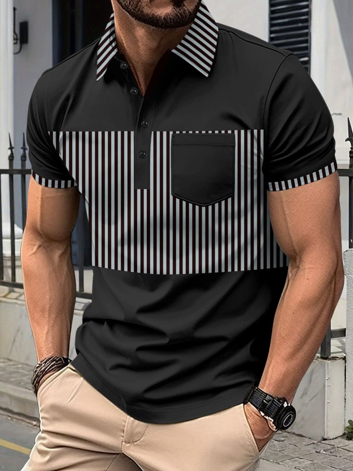 Men's Full Size Collared Contrast Striped Polo Plus Size