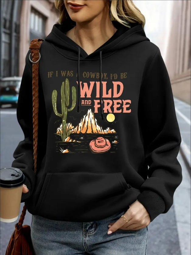 Plus Size Cactus Print Hoodie, Casual Drawstring Hooded Long Sleeve Kangaroo Pocket Sweatshirt For Fall & Winter, Women's Plus Size Clothing