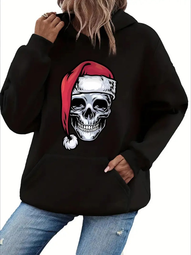 Women'S Active Polyester Hoodie With Skull Santa Print, Sports Style Hooded Sweatshirt, Slight Stretch Knit Fabric, With Kangaroo Pocket, For All-Season Christmas Pattern Hoodie