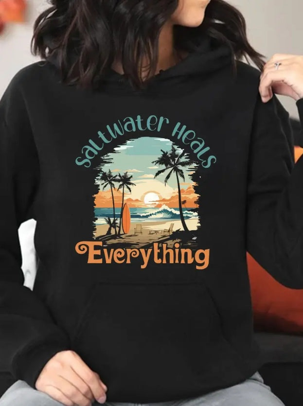 Oversized Hoodie For Women Front Print Saltwater Heals Everything Sweatshirt Kangaroo Pocket Print Lightweight Trendy For Autumn Winter Casual Sweatshirt