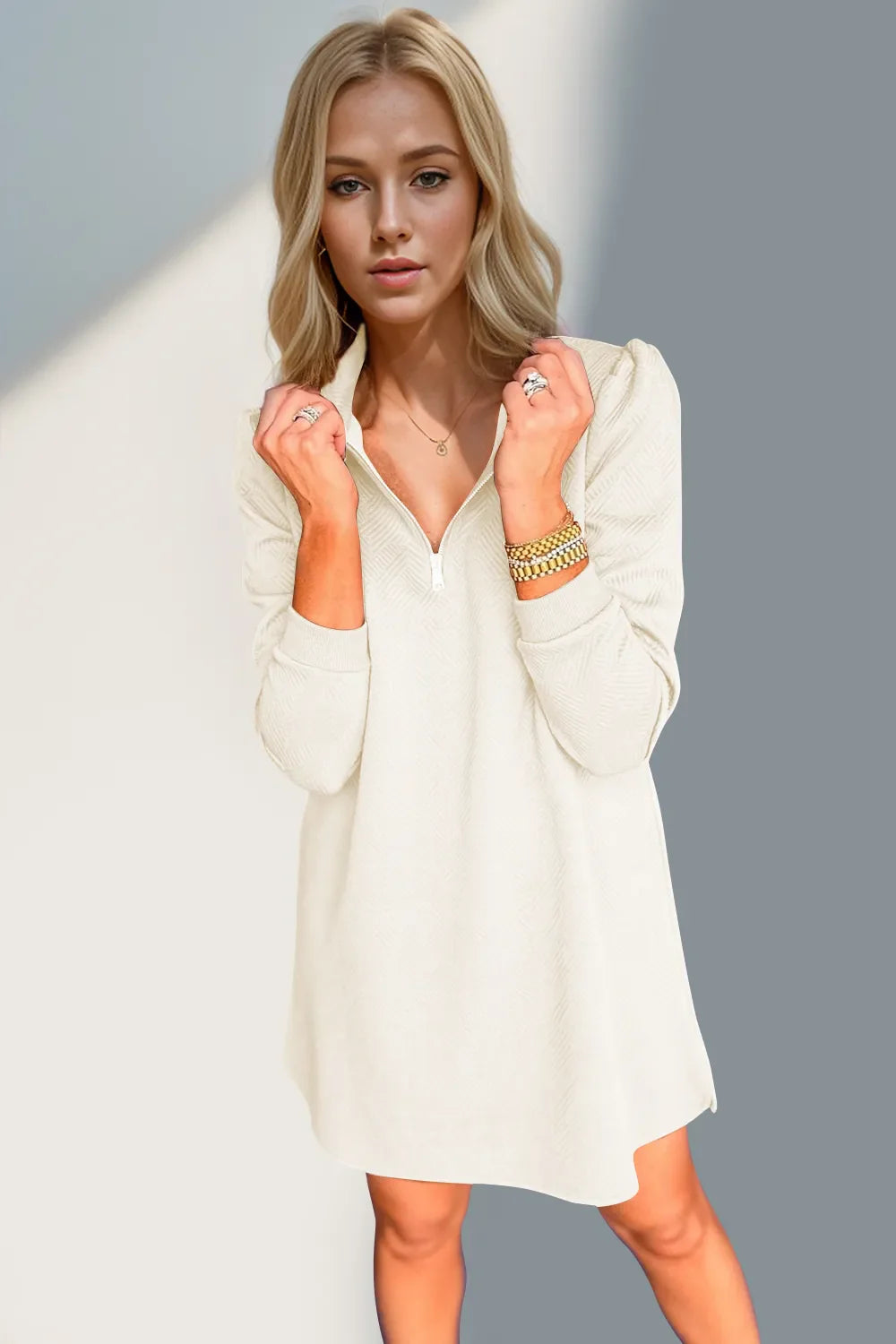Double Take Textured Quarter Zip Long Sleeve Dress