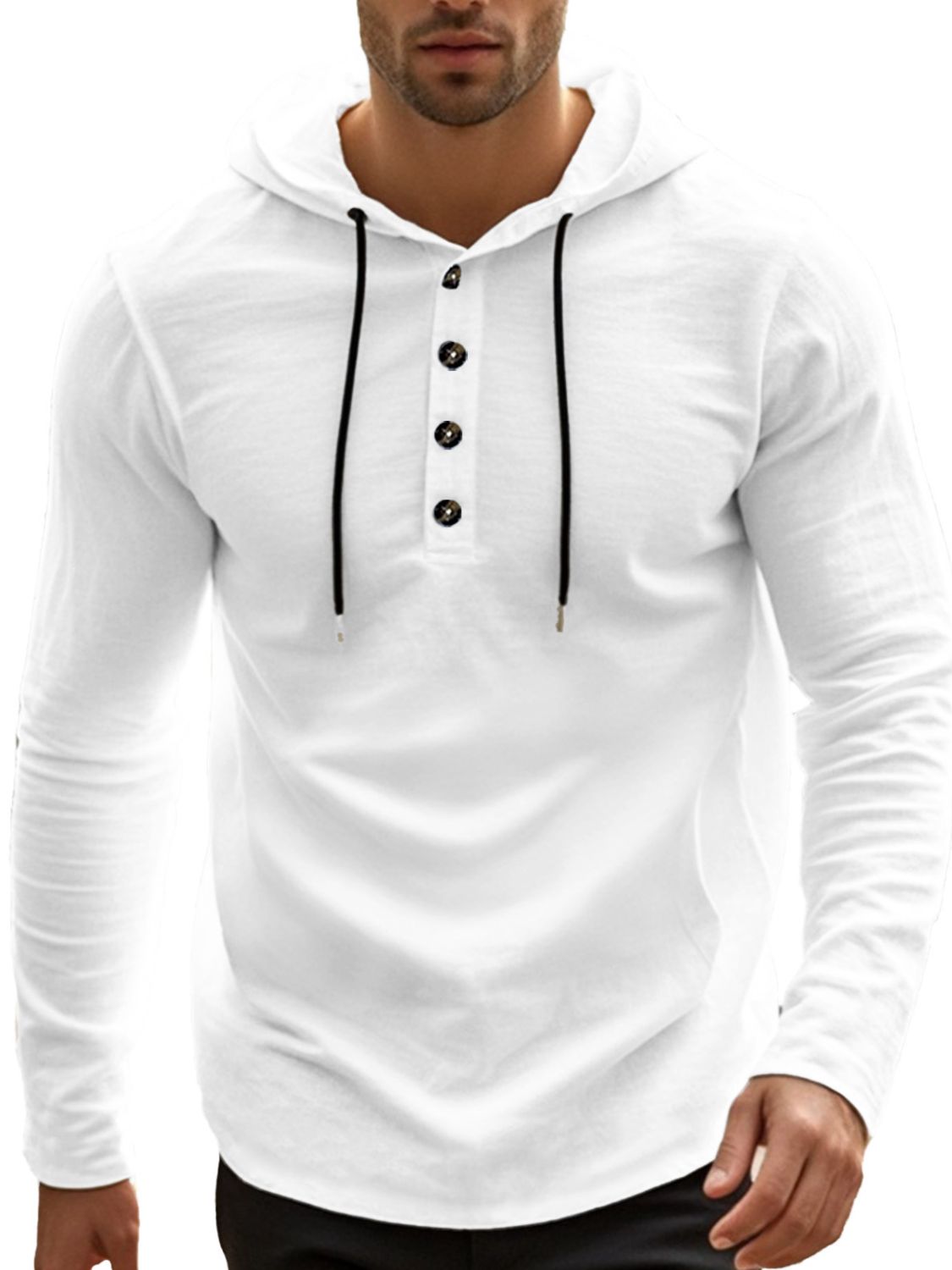 Men's Full Size Drawstring Button Detail Long Sleeve Hoodie Plus Size