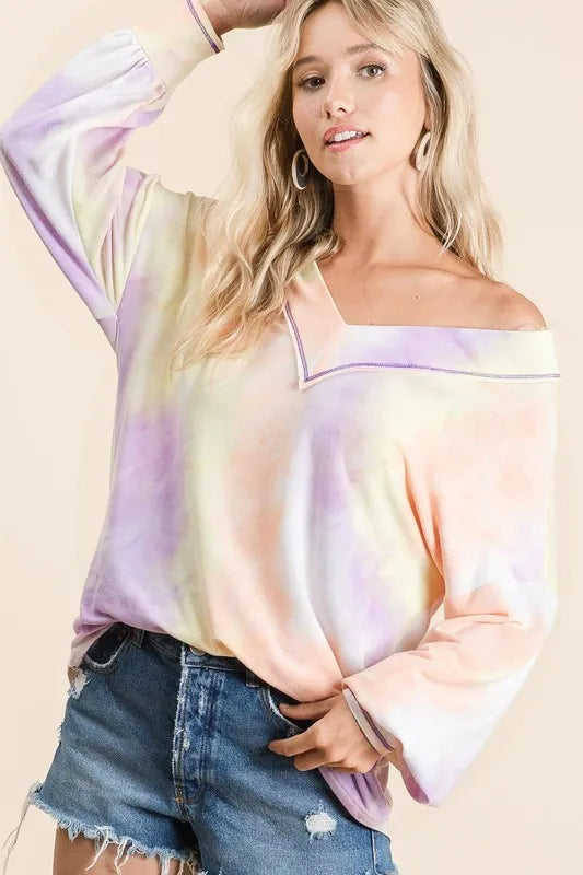 BiBi Tie Dye French Terry V-Neck Top with Puff Sleeves