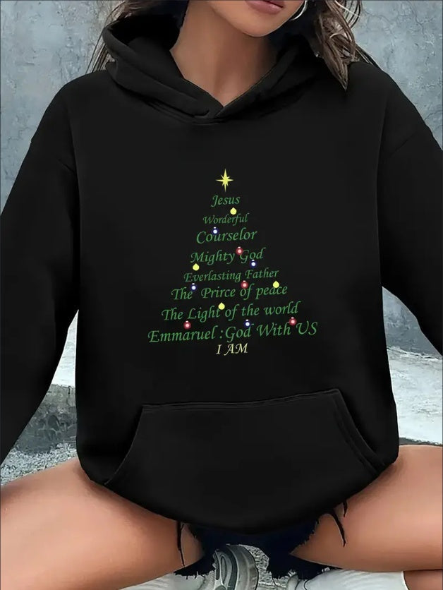 Women'S Christmas Tree Graphic Long Sleeve Pullover Hoodie, Casual Sports Style, Stretchy, Hooded, Kangaroo Pocket, Comfortable, Standard Size - Festive Holiday Sweatshirt