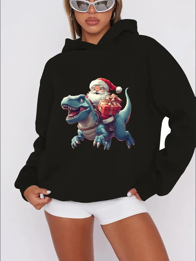 Women'S Christmas Cartoon Print Hoodie - Casual Hooded Sweatshirt With Rib Festive Santa On Dinosaur Graphic, Drawstring Collar, For Fall Winter
