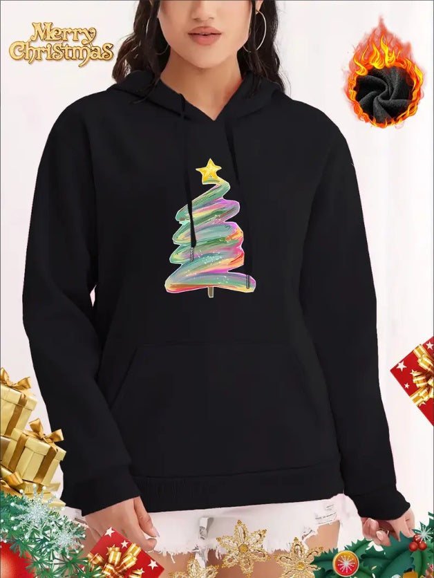 Women'S Christmas Tree Print Hoodie - Casual Pullover, Hooded Collar, Long Sleeve Warm Fleece-Lined Sweatshirt For All Seasons