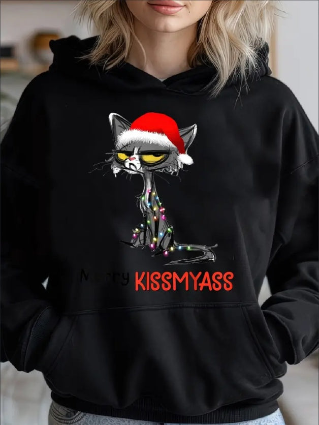Merry Kissmyass Funny Christmas Black Cat Cozy Classic Print Pullover Hoodie, Casual Long Sleeve Hoodie For Sprots