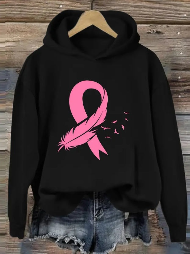 Women'S Fashion Hoodie With Pink Ribbon And Feather Print, Casual Sweatshirt With Hood, Unisex Fall Winter Hooded Sweatshirt With Ribbed Cuffs And Hem