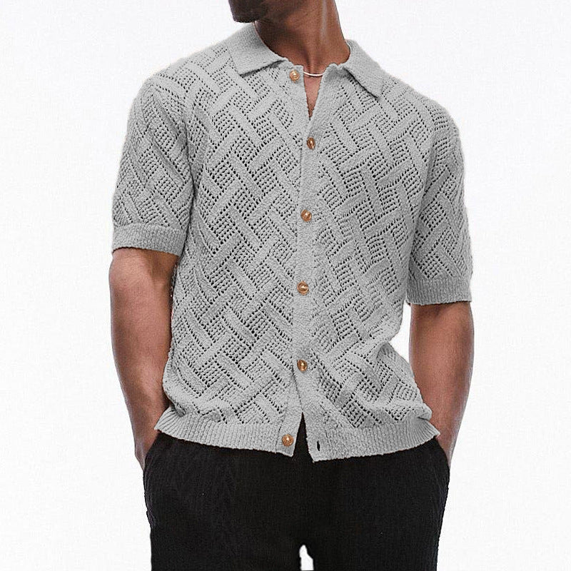 Men's Button Down Collared Neck Eyelet Knit Shirt