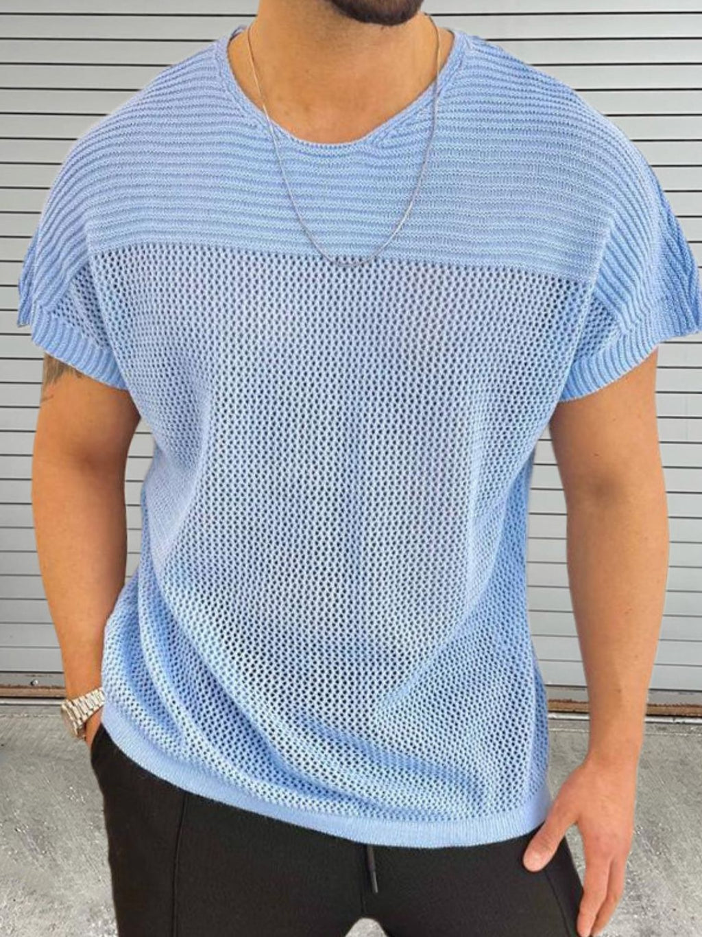 Men's Eyelet Round Neck Short Sleeve T-Shirt