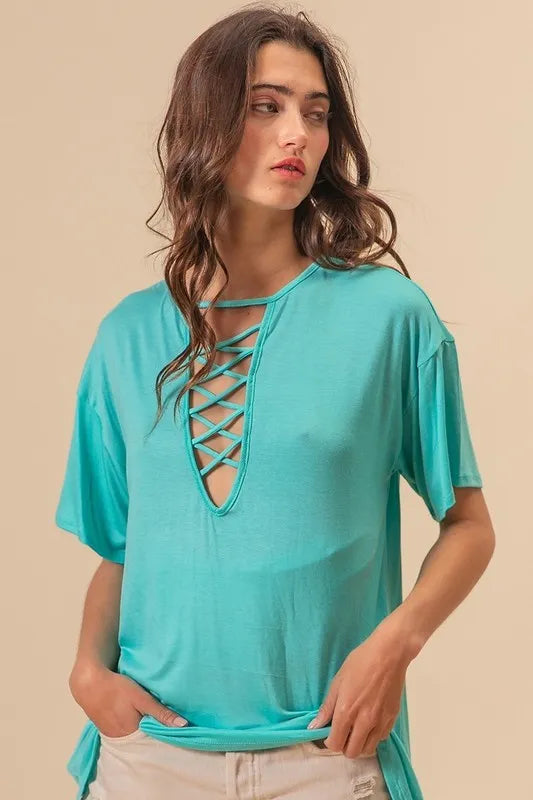 BiBi Jersey Knit Top with Criss Cross Front Neck Detail
