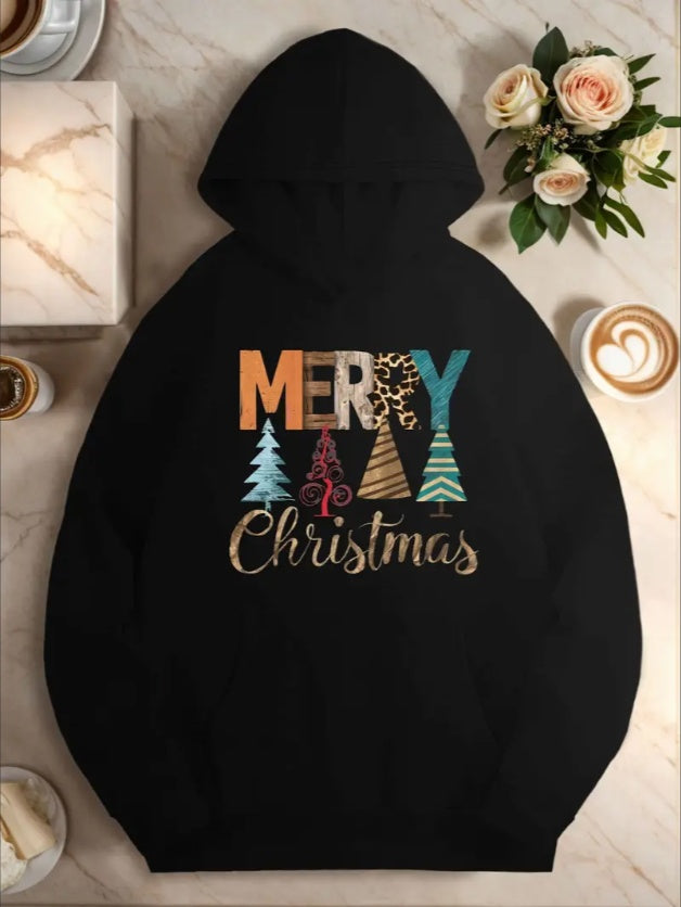 Plus Size Merry Christmas Hoodie,  Casual Style, Geometric Pattern With Front Pocket, For Fall Winter Season, Women'S Festive Typography Hooded Sweatshirt