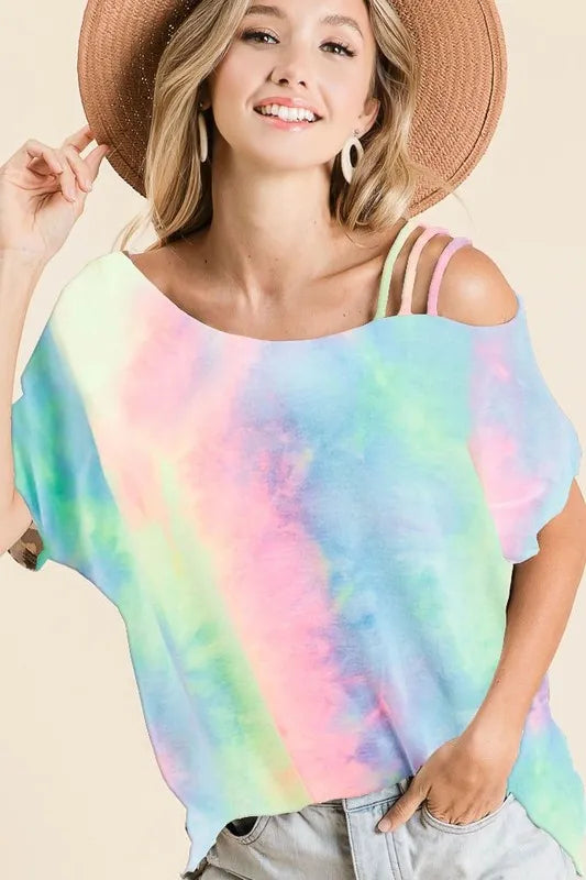 BiBi Tie Dye French Terry Strapped One Shoulder Top