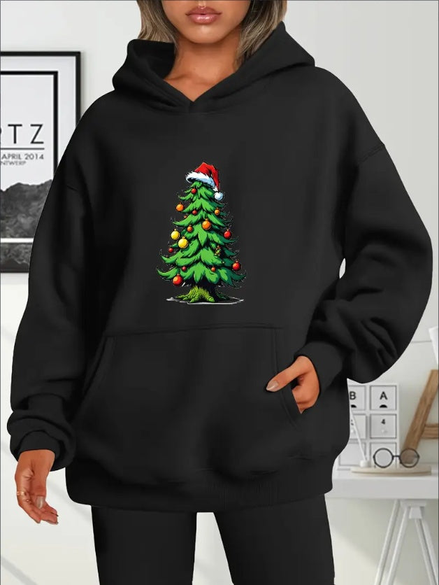Dooleck Oversized Christmas Tree Hoodie For Women - Casual  Pullover With Long Sleeves, Festive Holiday Print, Knit Hooded Sweatshirt, Loose Fit For All Seasons, Ideal Christmas Gift