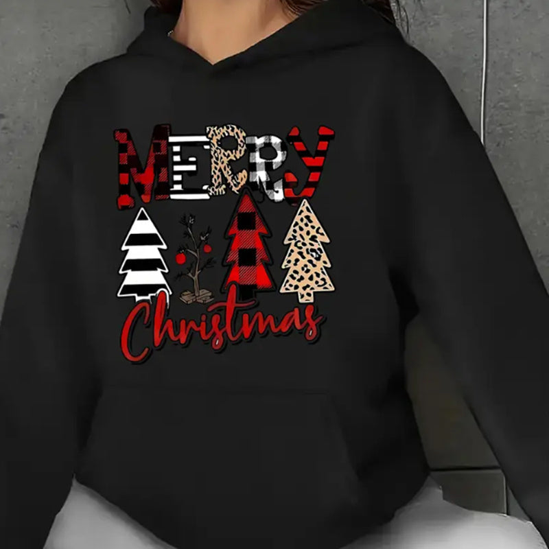 Women's Casual Knit Polyester Hoodie With Merry Christmas Tree Print, Long Sleeve Hooded Sweatshirt With Kangaroo Pocket For Fall Winter