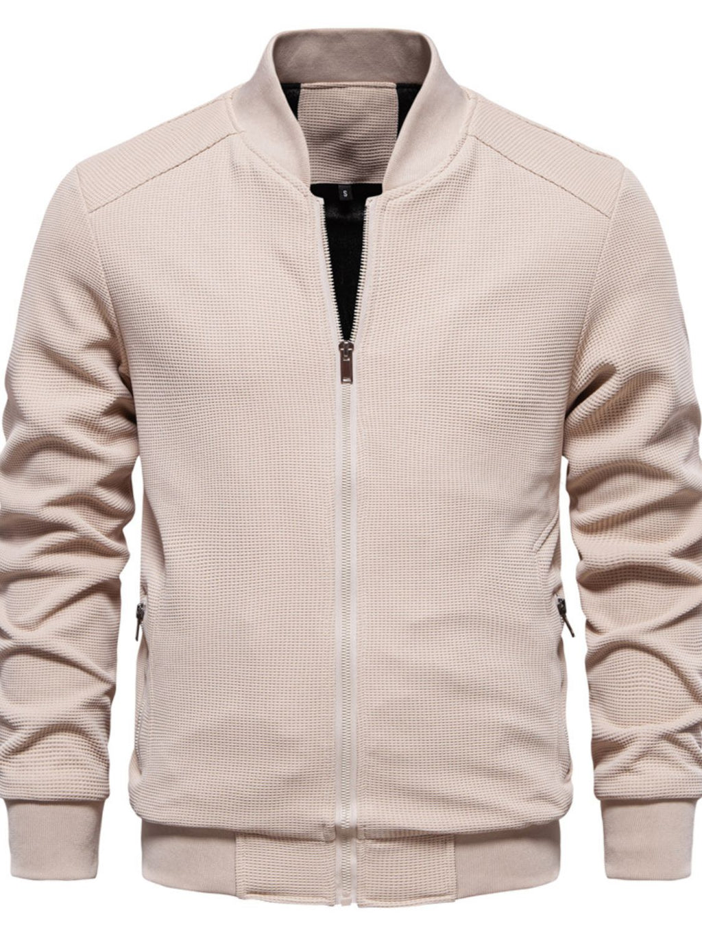 Men's Waffle Knit Baseball Collar Zip Up Jacket
