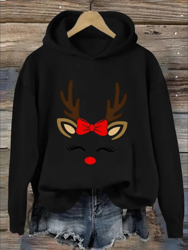 Women's Graphic Reindeer Print Hoodie -  Polyester Casual Pullover With Hood, Rib-Knit Detail - Knit Fabric, Cozy Fall Winter Season Sweatshirt With Festive Design