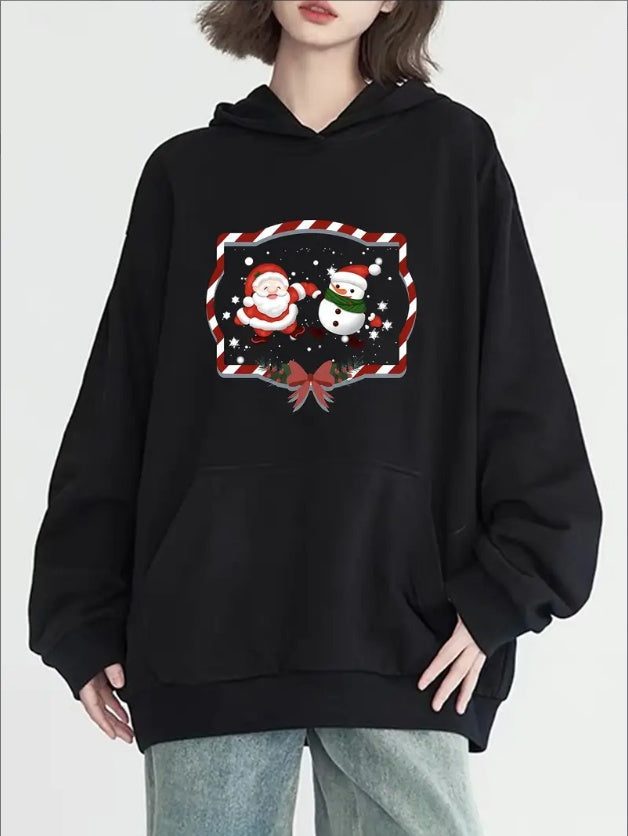 Festive Christmas Print Hoodie For Women, Long Sleeve, Crew Neck, With Pocket, Casual Pullover Sweatshirt, All Seasons Fashion