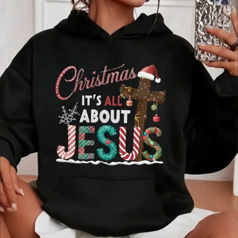 Women'S Christmas Cross Graphic Print Hoodie, Casual Geometric Pattern Hooded Sweatshirt With Kangaroo Pocket, All-Season Fashion Top