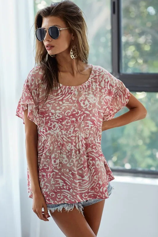 BiBi Leopard Print Gauze Woven Flutter Sleeve Blouse