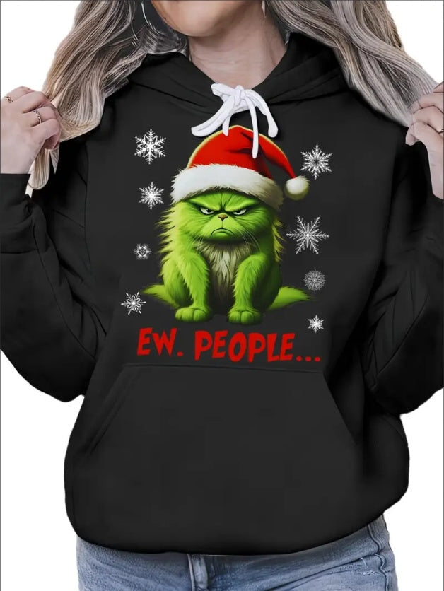 Funny Christmas Cat Ew People Meowy Cat Lovers Men Women Kid Woman'S Cozy Classic Print Pullover Hoodie, Casual Long Sleeve Multicolor Hoodie Fall And Winter Essential