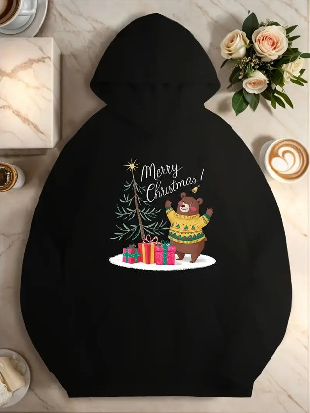 Women'S Christmas Teddy Bear Print Hoodie - Casual  Long Sleeve Kangaroo Pocket Hooded Sweatshirt, Festive Merry Christmas Graphic Pullover, Loose Fit Drawstring Hoodie For Autumn Winter