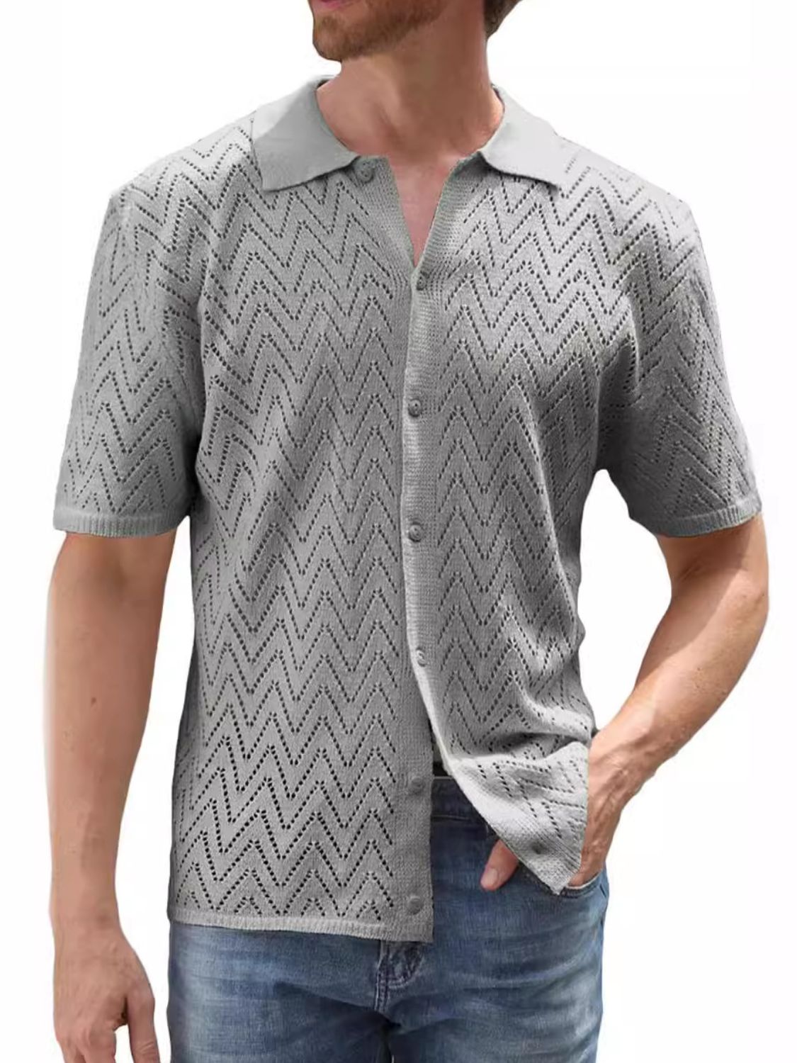 Men's Full Size Openwork Button Down Short Sleeve Shirt Plus Size