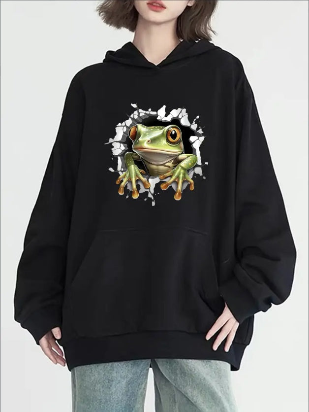 Women's Casual Polyester Hoodie With Cartoon Frog Print, Long Sleeves, Round Neck, Front Pocket, Solid Color Knitwear, Suitable For All Seasons