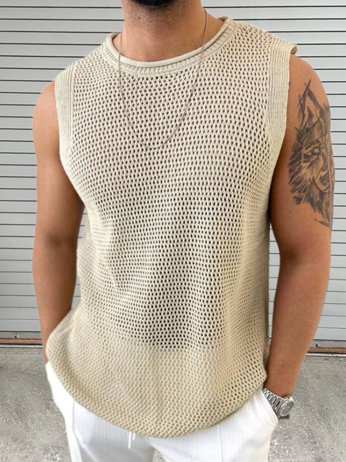 Men's Openwork Round Neck Sleeveless Knit Top