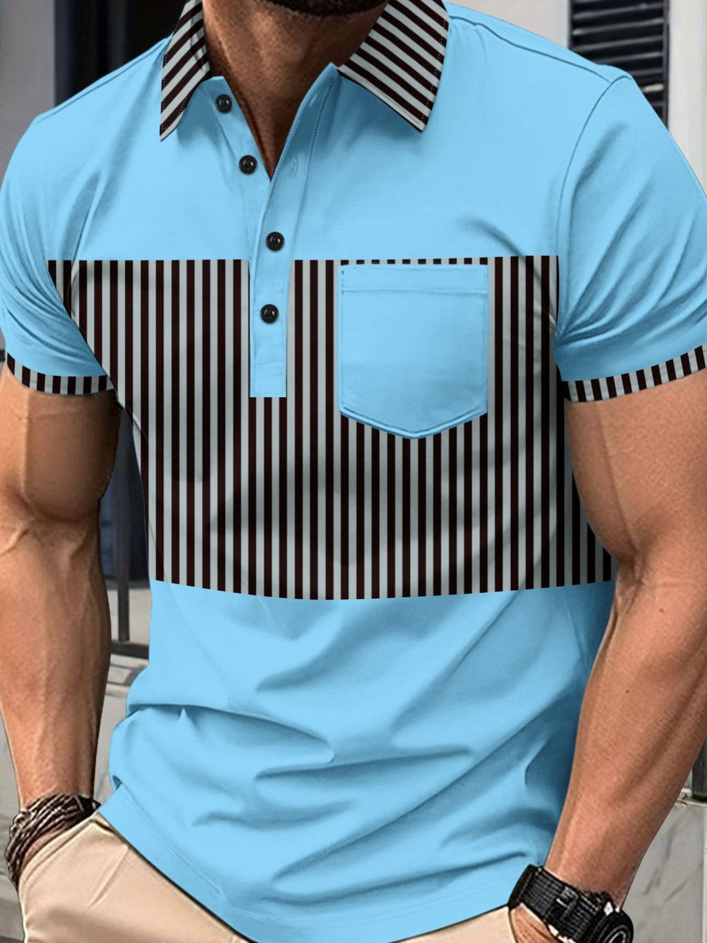 Men's Full Size Collared Contrast Striped Polo Plus Size