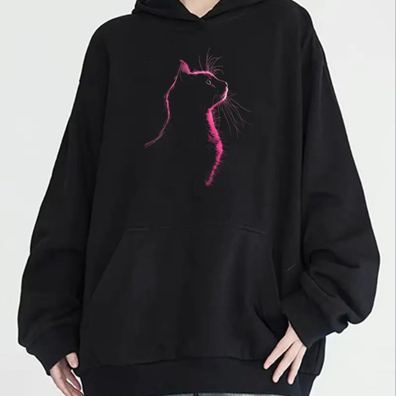 Women's Casual Hoodie With Kangaroo Pocket Featuring Creative Cat Graphic,Long Sleeve Hooded Sweatshirt For All Seasons