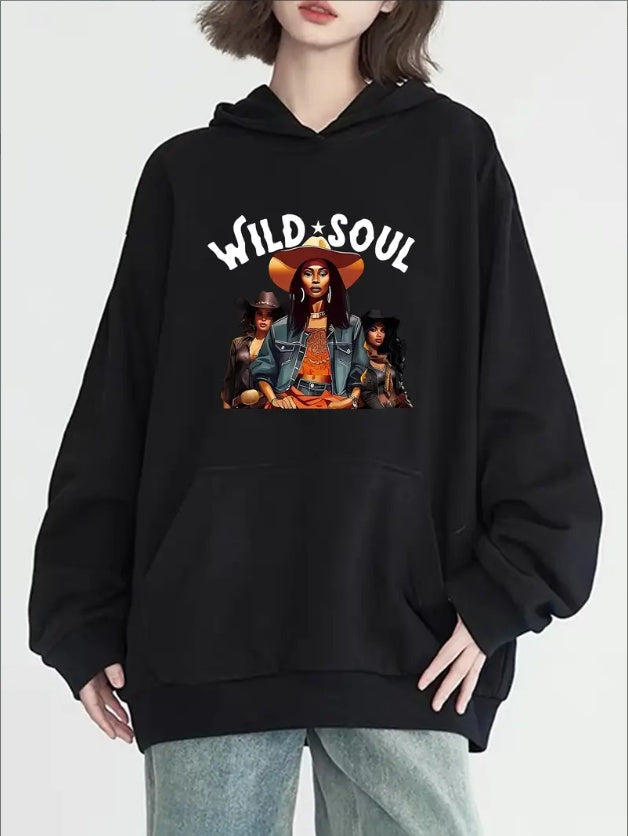 Women's Casual Wild Soul Graphic Hoodie With Long Sleeves, Front Pocket, Hooded Pullover For All Seasons