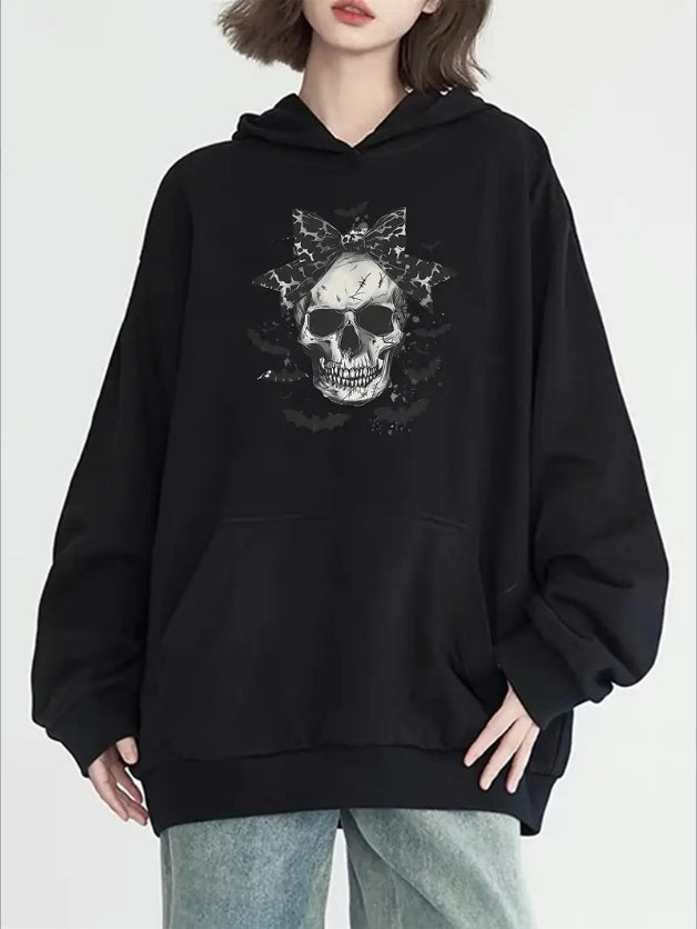 Halloween Skull Graphic Kangaroo Pocket Hoodie - Casual Long Sleeve Hooded Sports Sweatshirt For Women,  All-Season