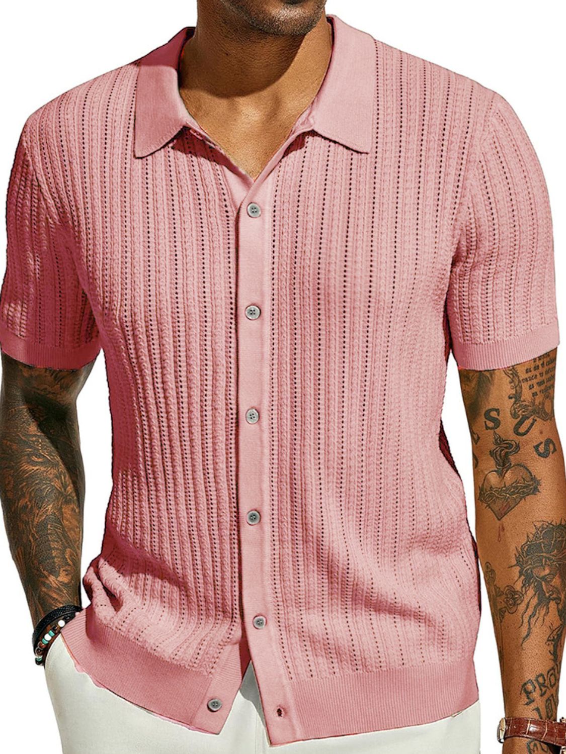 Men's Full Size Openwork Button Down Collared Neck Shirt Plus Size