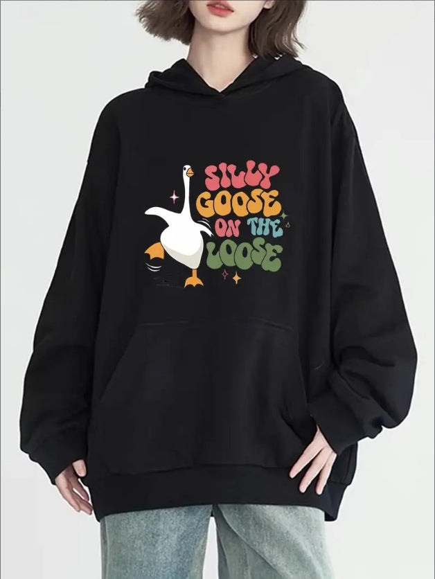 Women's Casual Goose Graphic Print Hoodie - Pullover With Hood, Long Sleeve, Front Pocket, Solid Color, Fashion Sweatshirt For All Seasons