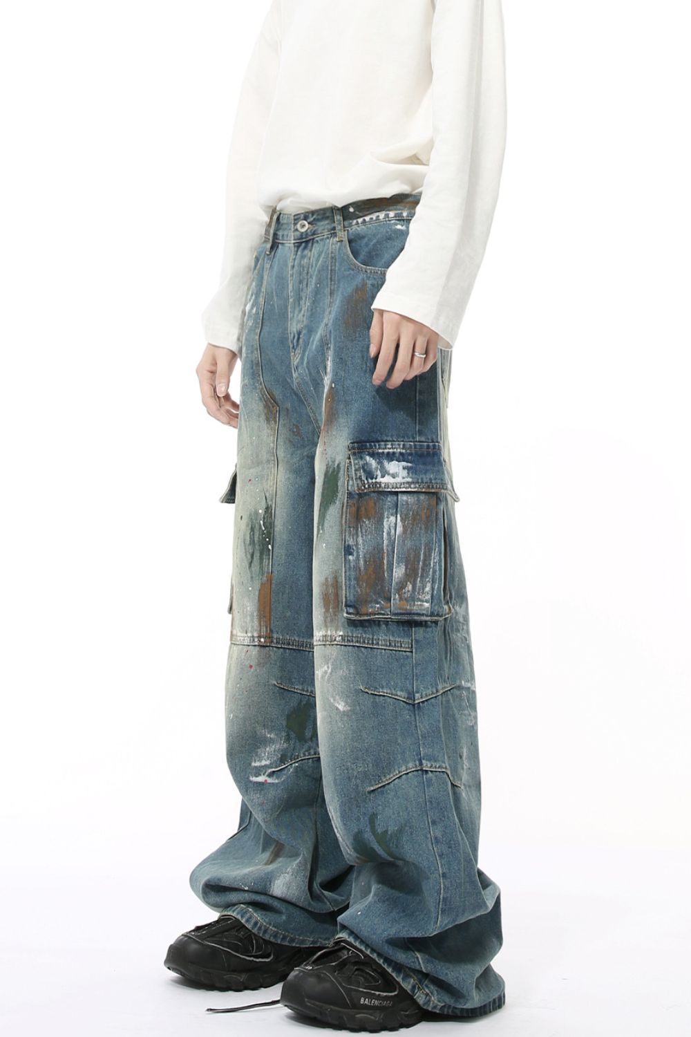 Waste Soil Style Jeans with Cargo Pockets